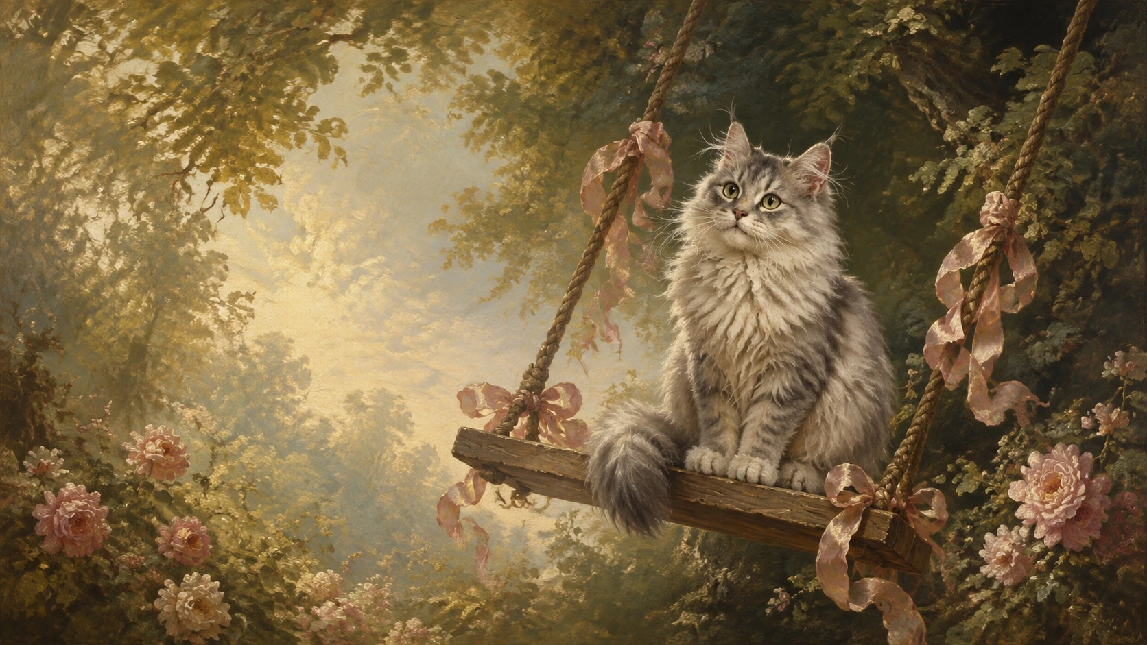 以鱼鱼为参考创作的弗拉戈纳尔 ·《秋千》猫咪主题 AI 插画