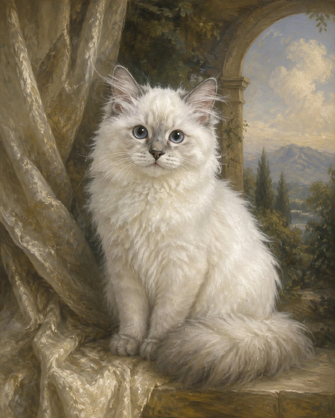 参考小五真实照片创作的文艺复兴猫咪肖像