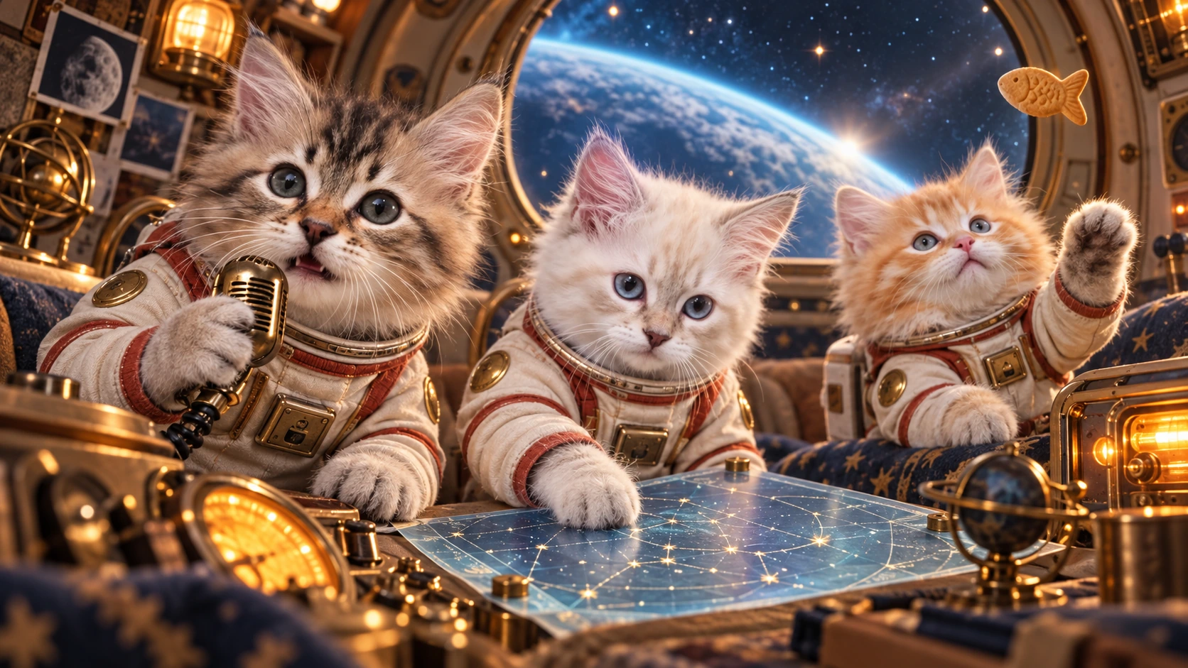 奶糕在飞船里操作通讯电台，小时看星图，柚子守着控制台