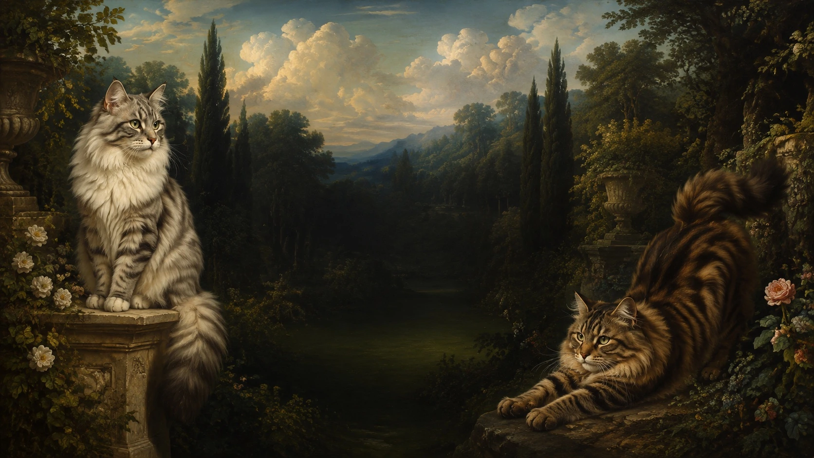 森林猫走进古典名画中的奇幻世界