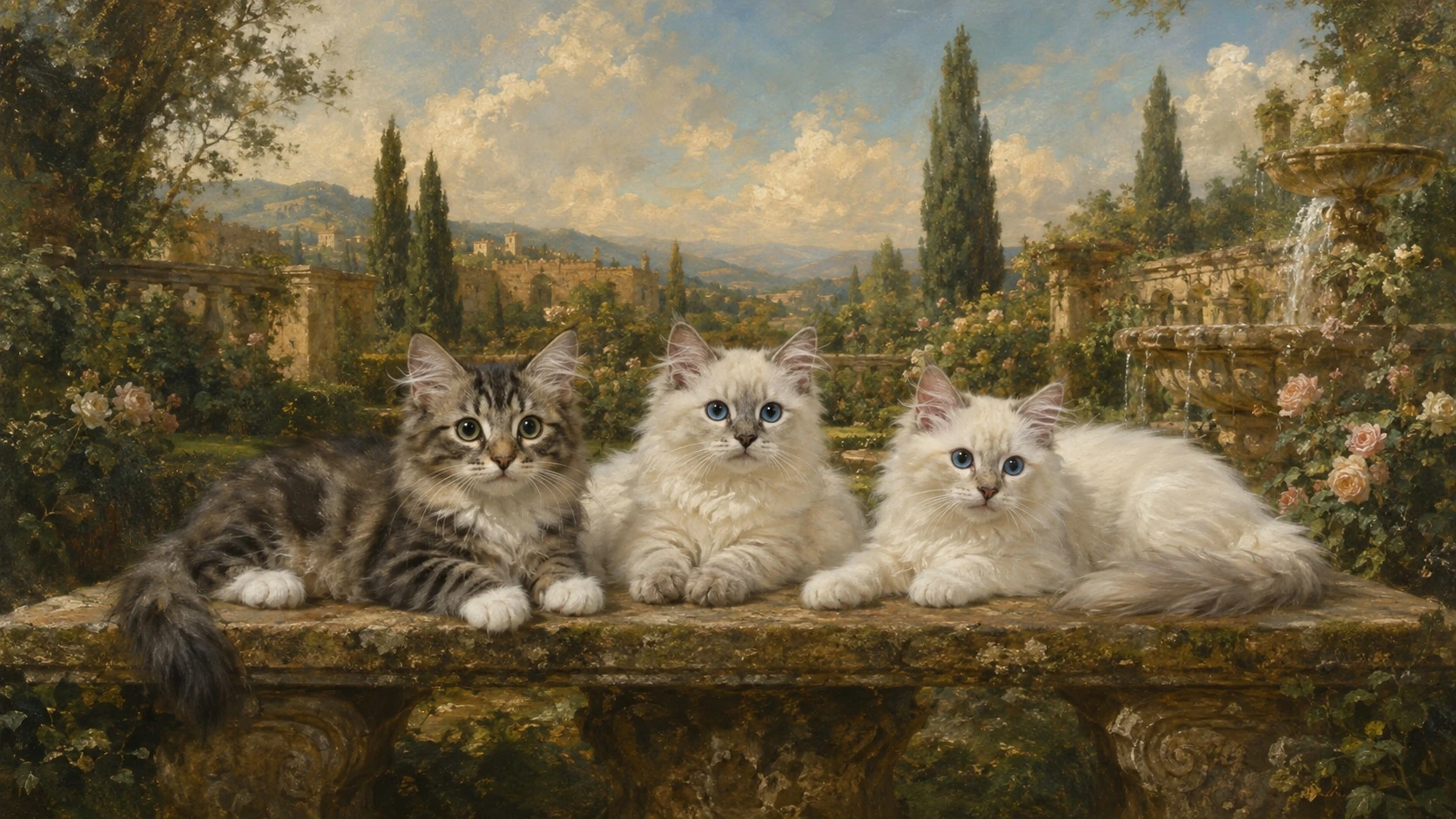 以 BC 猫咪为参考的文艺复兴庭院插画，猫咪在花园与喷泉边休憩