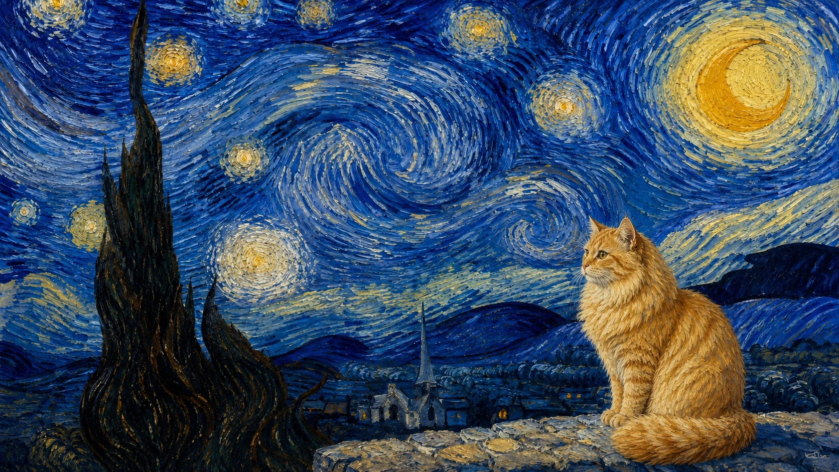 以肉松为参考创作的梵高 ·《星月夜》猫咪主题 AI 插画