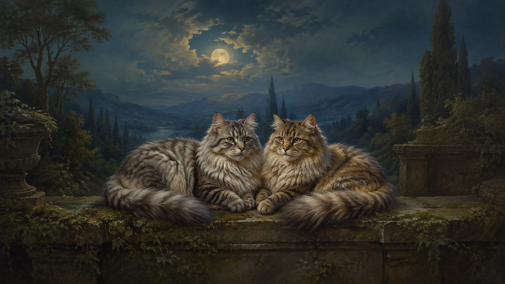两只西伯利亚森林猫在暮色森林中依偎的文艺复兴风格原创插画