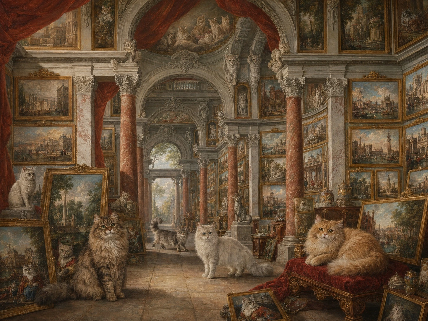 古典收藏长廊主题 AI 插画：暗红帷幕围住猫咪天顶画，猫形石雕站在层层石拱之间；四只 BC 西伯利亚森林猫坐卧在满墙金框与画作前。